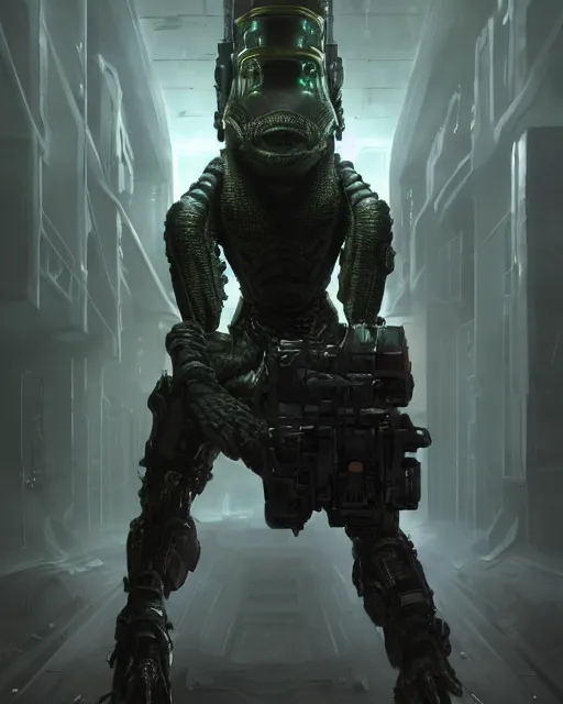 Image similar to Sci-Fi Crocodile alien, armored, art by Kashin, Wadim, Martinière, Stephan, holding rifle, sharp focus, pitch black Spaceship hallway background, dark light, heroic pose, sci-fi horror artwork, octane render, dead space artwork, cyberpunk, soft purple glow, warm light, occult, magical, volumetric lighting, 8k high definition, highly detailed, trending on art Station, centered, by Greg Rutkovski, sci-fi artwork, arnold render