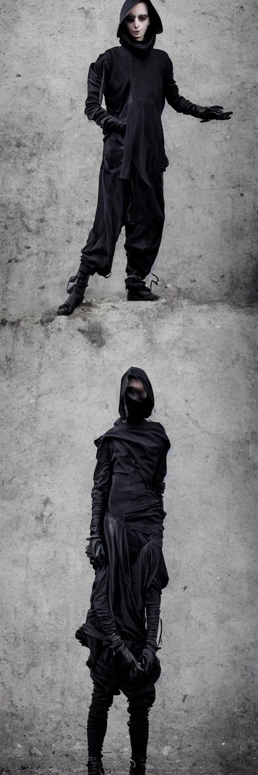 Image similar to beautiful androgynous avant garde techwear look and clothes, intricate, Rick Owens, Y3, trending on r/streetwear, fit pic, rule of thirds,