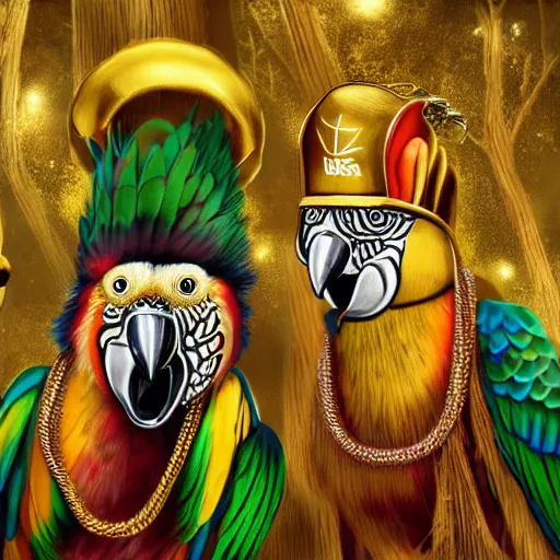 Image similar to parrots dressed in golden rings, necklaces and with caps on head, rapping and sitting on golden trees, rap scene, jungle concept art, trending on artstation, highly detailed, digital art, 8 k