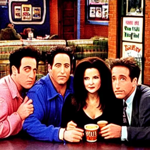 Image similar to photo of the seinfeld cast sitting in the central perk coffee shop from friends, 9 0 s tv promotional image