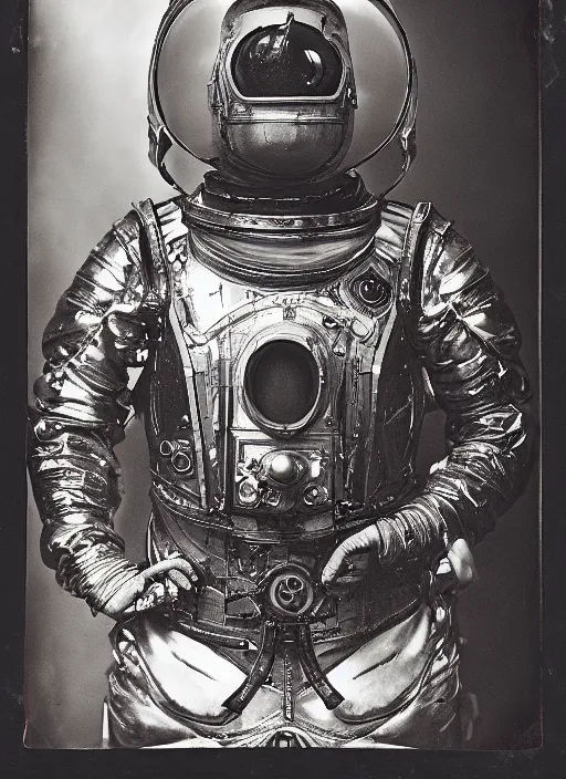 Prompt: old wetplate daguerreotype portrait of a futuristic silver armored space astronaut, fractal, intricate, elegant, highly detailed, parallax, leica, medium format, subsurface scattering, by jheronimus bosch and greg rutkowski and louis jacques mande daguerre