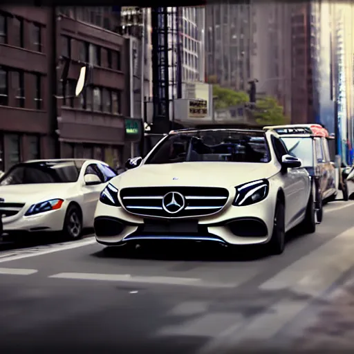 Image similar to magazine ad of a mercedes benz driving through new york city. cinematic. 8 k. octane render.