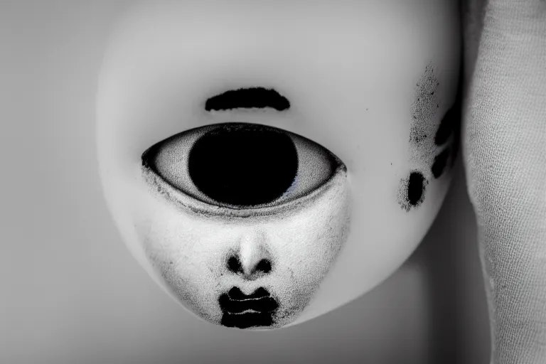 Image similar to a killer doll with human eyes staring out at the viewer