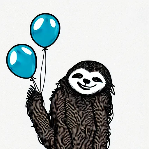 Image similar to book illustration of a sloth holding balloons, book illustration, monochromatic, white background, black and white image