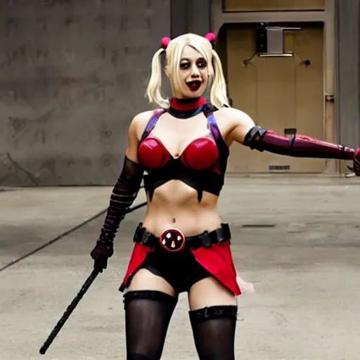 Prompt: A still of Kaley Cuoco as Harley Quinn