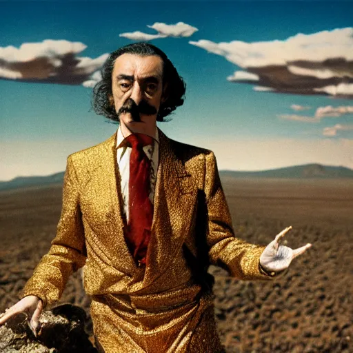 Prompt: salvador dali wearing a golden dress with jewels in a dry rocky desert landscape, visible sky and sunny atmosphere, fata morgana and giant square mirrors, film still from the movie by alejandro jodorowsky with cinematogrophy of christopher doyle and art direction by hans giger, anamorphic lens, kodakchrome, very detailed photo, 8 k