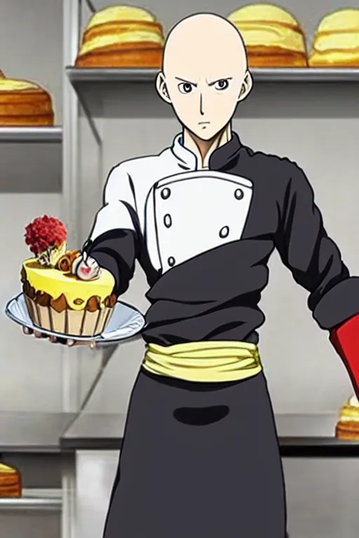 Image similar to chef saitama one punch man, dressed as a pastry chef, focused at making a cake, beautiful anime artwork