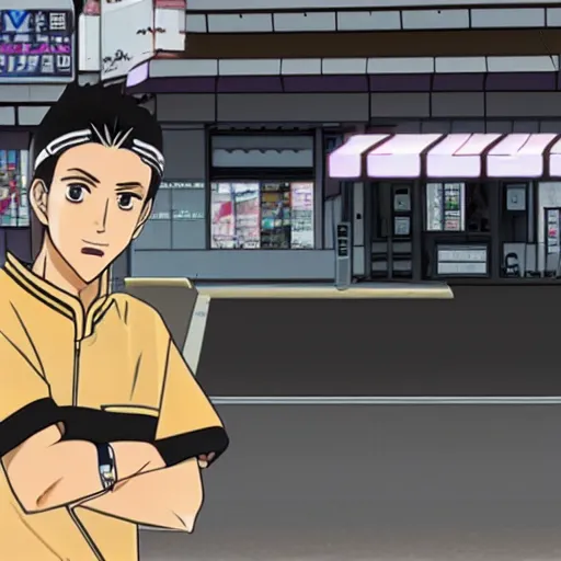 Prompt: ryosuke takahashi getting food at a drive - through, initial d anime screenshot, initial d anime 1 0 8 0 p, initial d stage 3