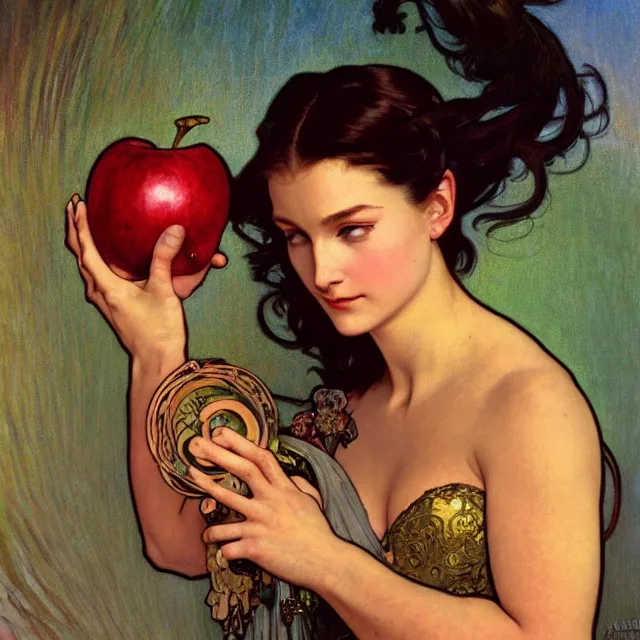 Image similar to an aesthetic! detailed close - up portrait of an aesthetic woman crying mournfully while holding an apple, by frank frazetta and alphonse mucha, oil on canvas, bright colors, art nouveau, epic composition, dungeons and dragons fantasy art, hd, god - rays, ray - tracing, crisp contour - lines, huhd - 8 k