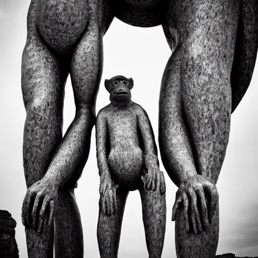 Image similar to Contamporary art fashion photography of ultra mega super hyper realistic detailed group of ultra mega super hyper realistic detailed monkey's in ultra mega super hyper realistic detailed suits, standing near very highly detailed stainless steel monolith situated in the desert. Photo shot on ultra mega super hyper Leica Q2 Camera