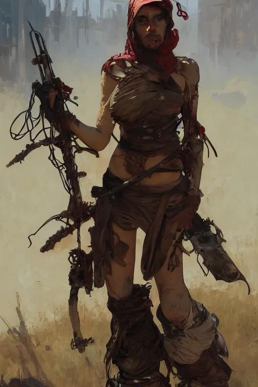 Image similar to a full body portrait of a beautiful post apocalyptic offworld butchers district bedouin blind pulp fiction scarlet wild rogue barbarian leper begging by the roadside, intricate, elegant, highly detailed, digital painting, artstation, concept art, smooth, sharp focus, illustration, art by krenz cushart and artem demura and alphonse mucha