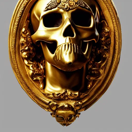 Prompt: a man in the form of a greek statue, with a mask in the form of a skull, ornate golden background, baroque, trending on artstation, by Michelangelo