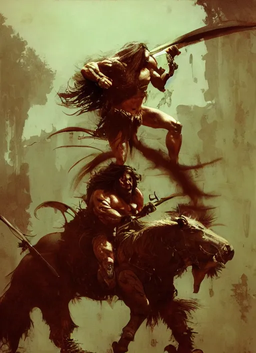 Image similar to conan the barbarian, intricate, elegant, highly detailed, vivid colors, john park, frazetta, sparth, ruan jia, jeffrey catherine jones