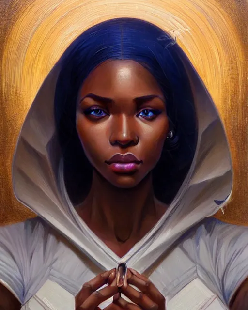 Image similar to Portrait of very very very very very very beautiful nigerian woman, spacesuit, blue eyes, real life skin, intricate, elegant, highly detailed, artstation, concept art, smooth, sharp focus, art by artgerm and greg rutkowski and alphonse mucha