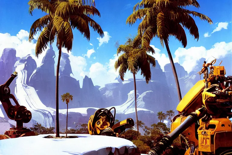 Image similar to natural american landscape | robot repairing another robot | palm trees | snowy mountains, painting by syd mead and weta studio and james jean, frank frazetta, highly detailed, rule of third, soft lighting, 8 k resolution, oil on canvas, architectural magazine, beautiful detailed, insanely intricate details, artstation trending, hypermaximalistic, high details, cinematic