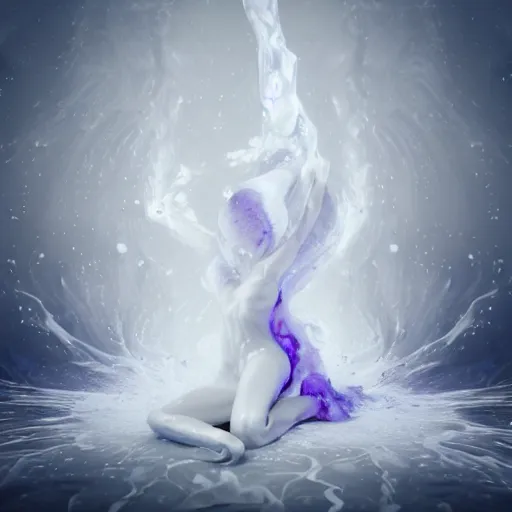 Prompt: 3 d fluid simulation render, octane render, xparticles, white colors, female bodies, female body covered in white blanket, white carved abstract sculpture, amethyst mineral quartz, swirly curls, abstract white fluid, golden edges and fractals