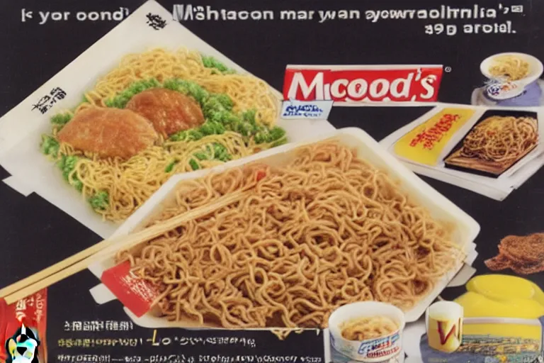 Image similar to mcdonald's yakisoba meal, in 1 9 9 5, y 2 k cybercore, advertisement photo