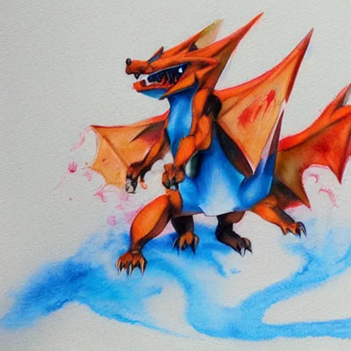 Prompt: charizard, watercolors, trending, artstation, stained paper
