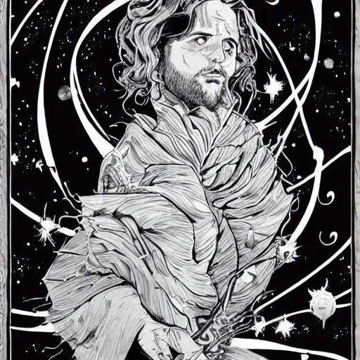 Prompt: black and white pen and ink!!!!!!! Tim Burton designed Ryan Gosling wearing cosmic space robes made of stars final form flowing royal hair golden!!!! Vagabond!!!!!!!! floating magic swordsman!!!! glides through a beautiful!!!!!!! Camellia flower battlefield dramatic esoteric!!!!!! Long hair flowing dancing illustrated in high detail!!!!!!!! by Moebius and Hiroya Oku!!!!!!!!! graphic novel published on 2049 award winning!!!! full body portrait!!!!! action exposition manga panel black and white Shonen Jump issue by David Lynch eraserhead and beautiful line art Hirohiko Araki!! Rossetti, Millais, Mucha, Jojo's Bizzare Adventure