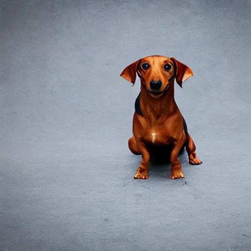 Prompt: sausage dog squinting at the viewer with a knowing look in its eyes, low quality, centered