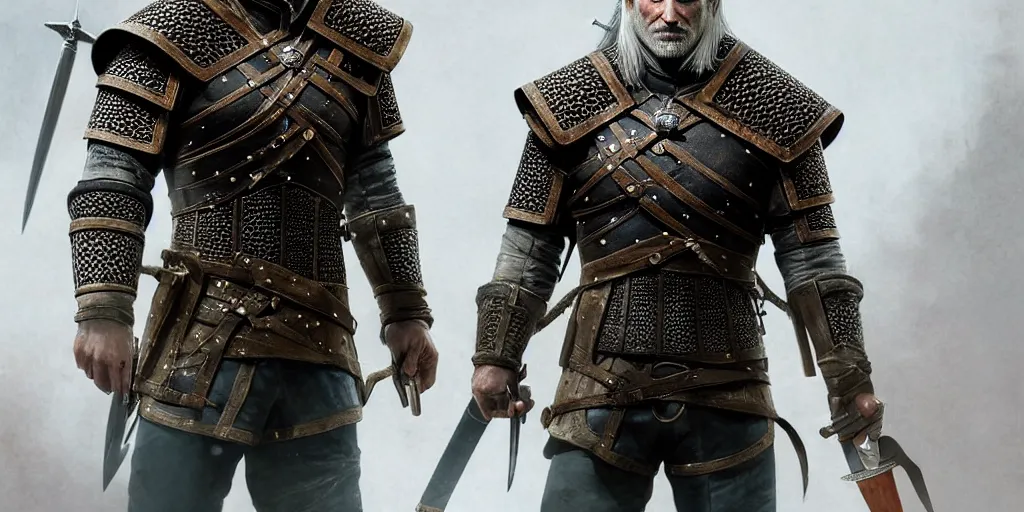 Prompt: geralt, but from syria new costume concept design with metal sholders and ornaments on the armor, witcher, oriental armor, fashion, colors with gold and dark blue, concept art, by artgerm, greg rutkowski, cinematic light, featured on artstation, octane render, sharp focus, ray tracing, artstationhq, cgsociety, 8 k.