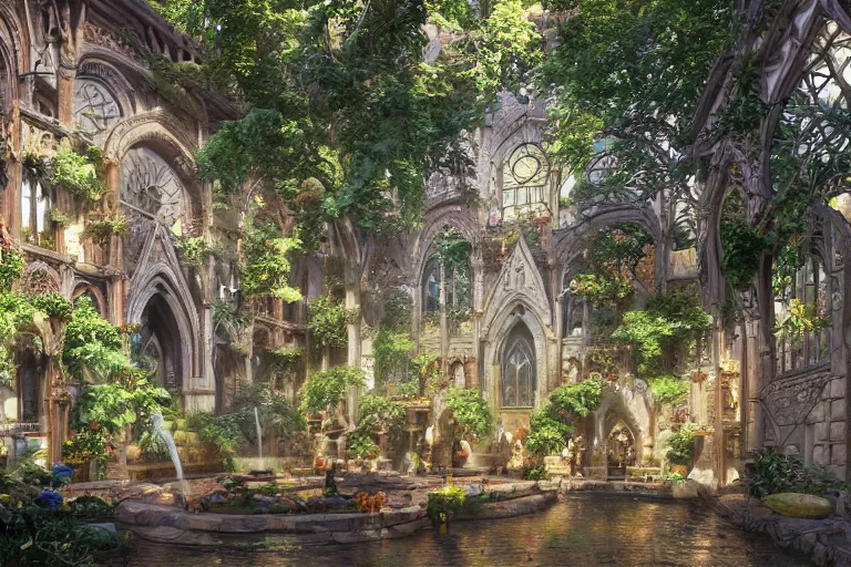 Prompt: extreme low angle shot of an open courtyard in a beautiful elven city made of ivory and silver, stained glass windows, intricate, vivid colors, lush trees, flowers, ponds, fountain, subsurface scattering, volumetric lighting, concept art, fantasy digital painting by James Gurney, by Greg Rutkowski, trending on Artstation, highly detailed, unreal engine, 8k