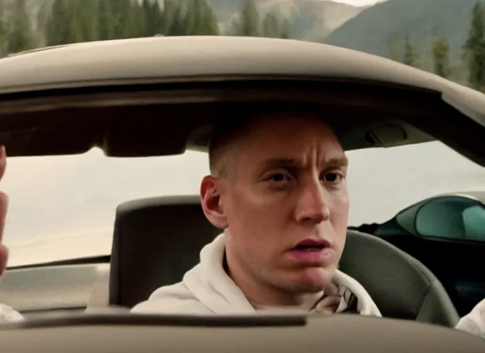 Image similar to a very high resolution image from a new movie, eminem driving a car. inside of a car. alone. mountains, directed by wes anderson