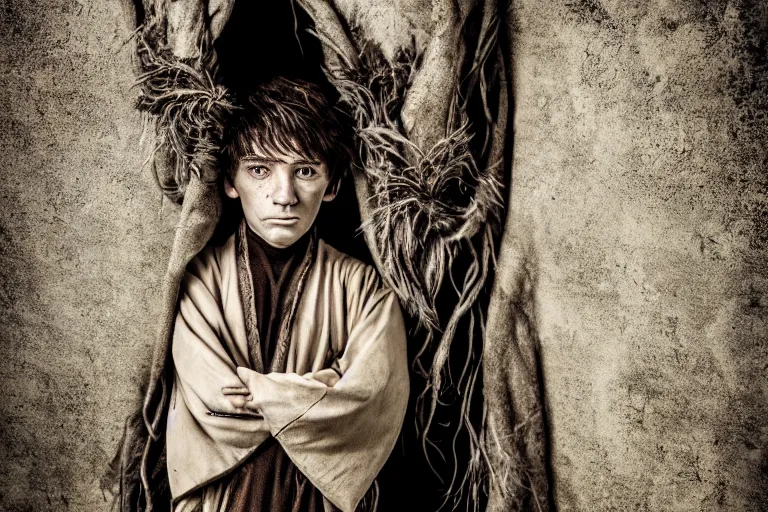 Image similar to character and environment photography, portrait shamanistic infested 1 0 - year - old male druid, messy hair, old tattered robe, medium shot, wide angle, 2 0 0 px, full front, natural light