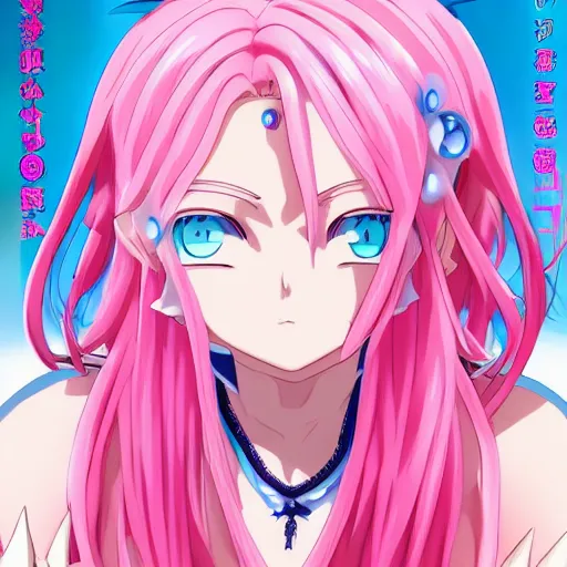 Image similar to stunningly beautiful omnipotent megalomaniacal anime goddess with porcelain skin, pink hair and mesmerizing cyan eyes, symmetrical perfect face smiling in a mischievous haughty way, mid view, hyperdetailed, 2 d, 8 k