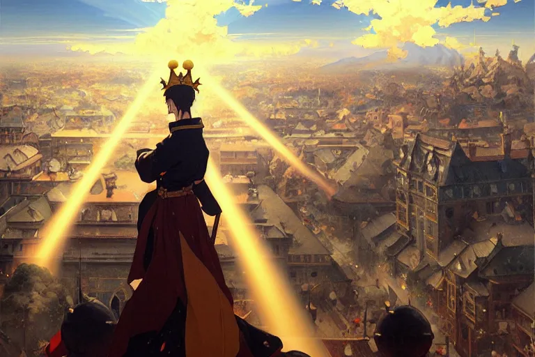 Prompt: baroque oil painting of anime key visual concept art of king addressing nation from balcony as artillery rains down from above, golden rays, fantasy european castle, trending on artstation, palette knife and brush strokes, oil on canvas, style of makoto shinkai greg rutkowski studio ghibli genshin impact