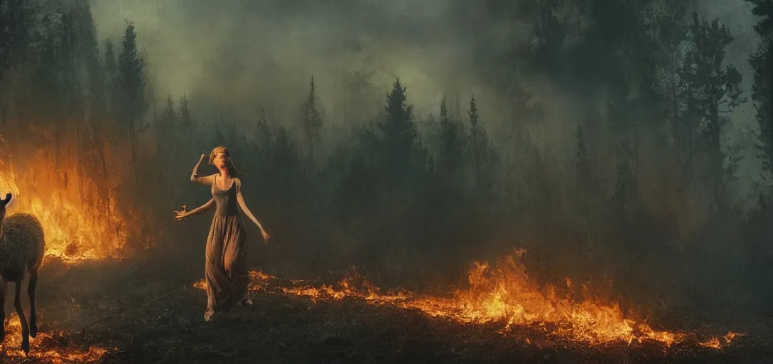 Image similar to full portrait of a young woman and a lamb running from a forest fire, inferno, smoke, flames, dark, gloomy, horror, screaming, a small farm is burning in the distance, insanely detailed, photorealistic, cinematic, dramatic lighting,