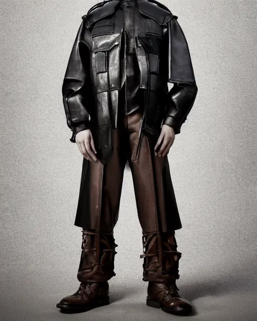 Image similar to an award - winning editorial photo of an irradecent extremely baggy cropped short ancient medieval designer menswear leather police jacket with an oversized collar and baggy bootcut trousers designed by alexander mcqueen, 4 k, studio lighting, wide angle lens