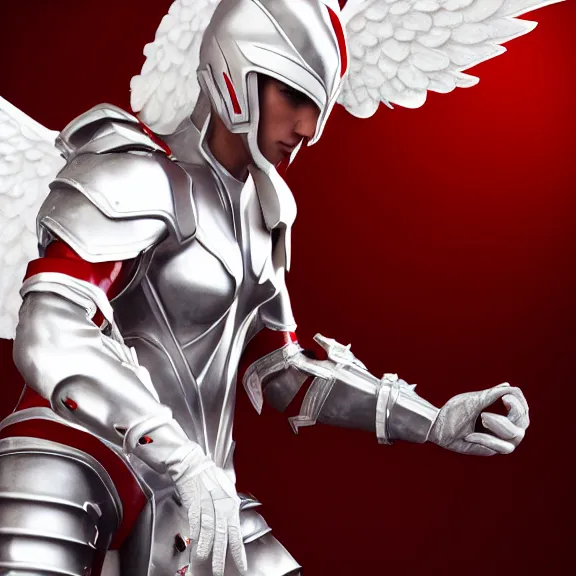 Image similar to cinematic full body shot of a male angel flying, white metallic armor, red cape, elegant pose, detailed arms, detailed white armor, two arms, two legs, detailed fanart, macro art, realistic digital art, DeviantArt, artstation, 3D realistic, 8k HD, octane render