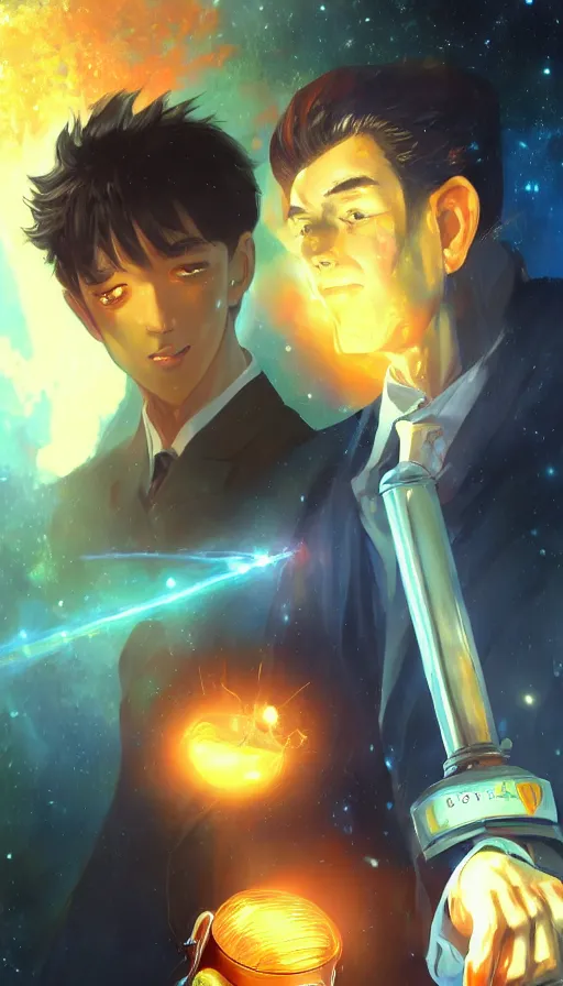 Image similar to fine - face, realistic shaded perfect face, fine details, orange - ish cosmic setting, anime style, realistic shaded lighting poster by katsuhiro, ilya kuvshinov, artgerm, jeremy lipkin and michael garmash, rob rey and kentaro miura style, trending on art station, nikola tesla holding a tesla coil, accomplished look, glowing energy