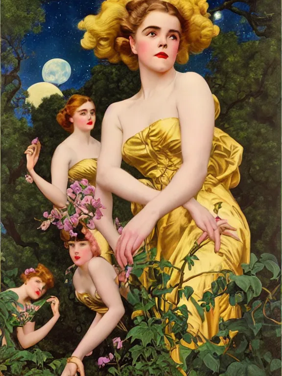 Prompt: Kiernan shipka as the three graces, a beautiful art nouveau portrait by Gil Elvgren and Gerald Brom and Alberto Vargas and Bill Henson, Moonlit forest environment, centered composition, defined features, golden ratio, golden jewelry