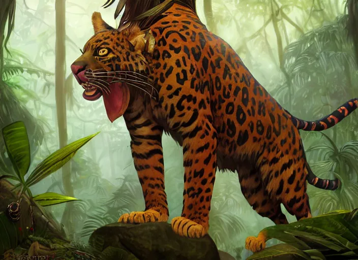 Image similar to character portrait feature of the anthro male anthropomorphic jungle cat jaguar fursona animal person wearing shaman tribal outfit robes belt standing in the amazon rainforest two legs, character design stylized by charlie bowater, ross tran, artgerm, makoto shinkai, detailed, soft lighting, rendered in octane