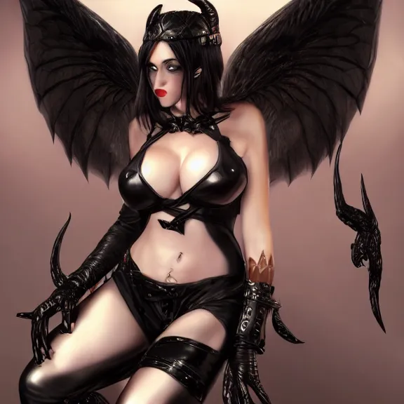 Image similar to portrait of a succubus with big wings and cleavage, in black leather pants, D&D, fantasy, highly detailed, digital art, artstation, smooth, sharp focus, illustration, art by artgem