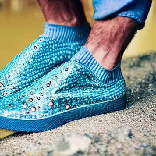 Image similar to ultra detailed photo, man wearing fish on his feet