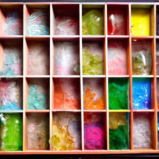 Image similar to cabinet of curiosities full of multicolored slime