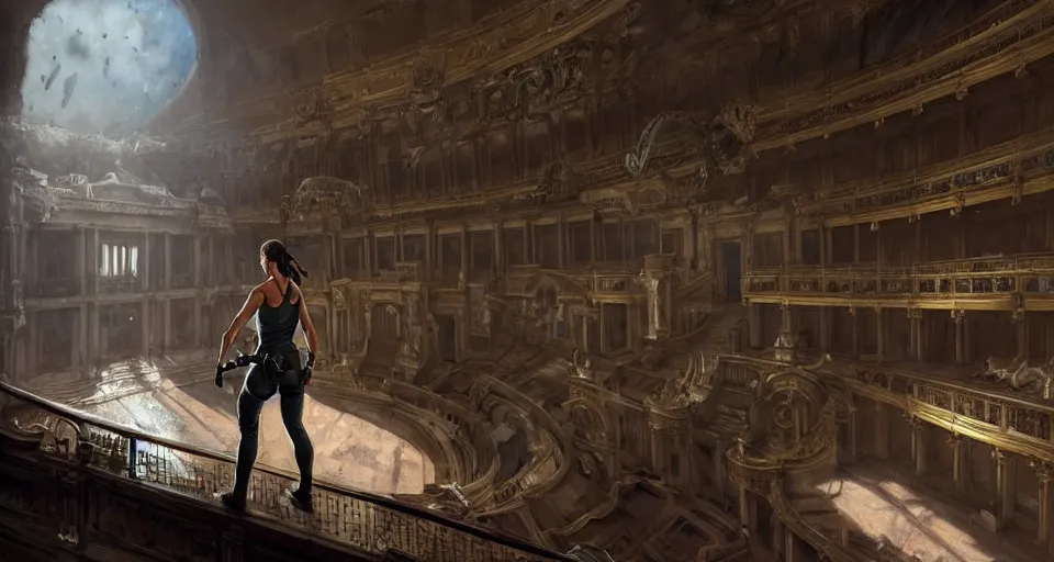 Image similar to lara croft exploring an italian opera house as she tries to hide from numerous musclebound male goons patrolling the area, by wlop, greg rutkowski and peter mohrbacher, extremely detailed shading, concept art, digital painting, trending on artstation, unreal engine 5, octane render, atmosphere, lens flare, glow, cinematic lighting, full of color