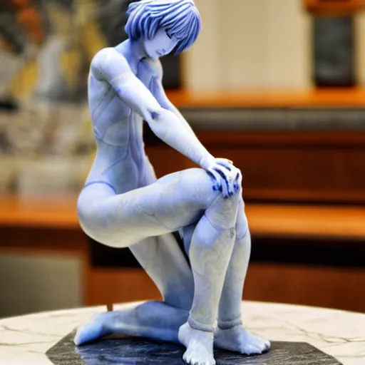 Image similar to intricate marble statue of rei ayanami kneeling relaxed, highly detailed