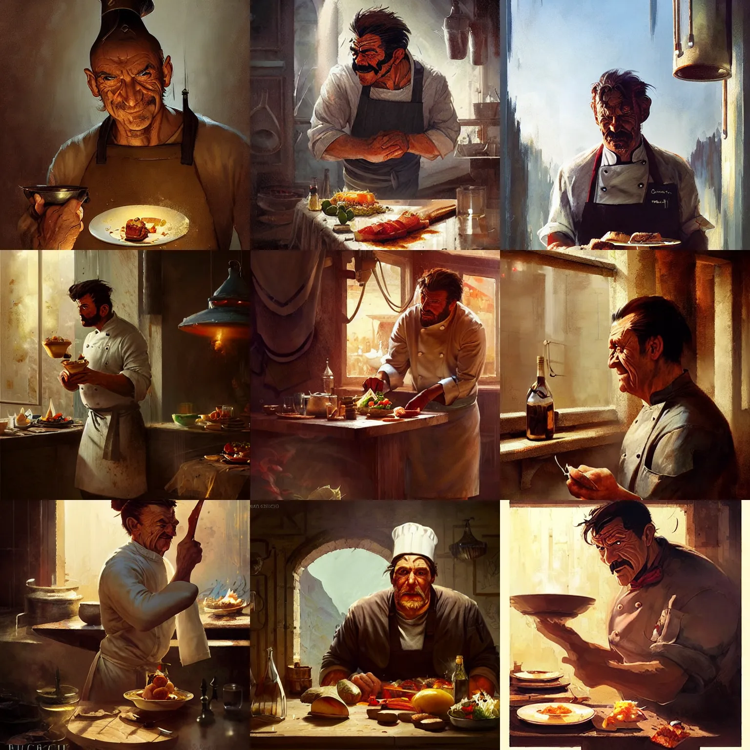 Prompt: a portrait of a chef character in a scenic kitchen environment by marco bucci and greg rutkowski and frank frazetta, sharp focus, detailed, cinematic