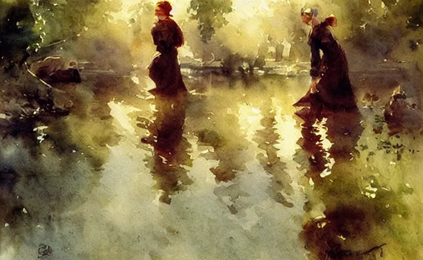 Image similar to watercolor by anders zorn, romanticism, creative, very very very very beautiful art, dramatic and cinematic light