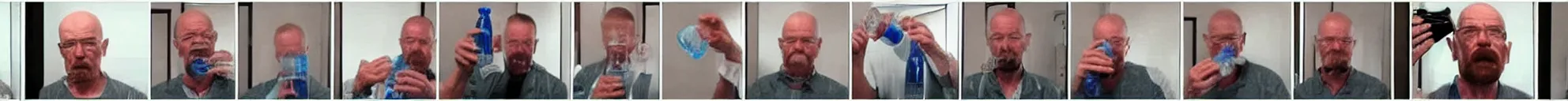 Prompt: 8 consistent progressing frames from a video showing walter white drinking from a water bottle