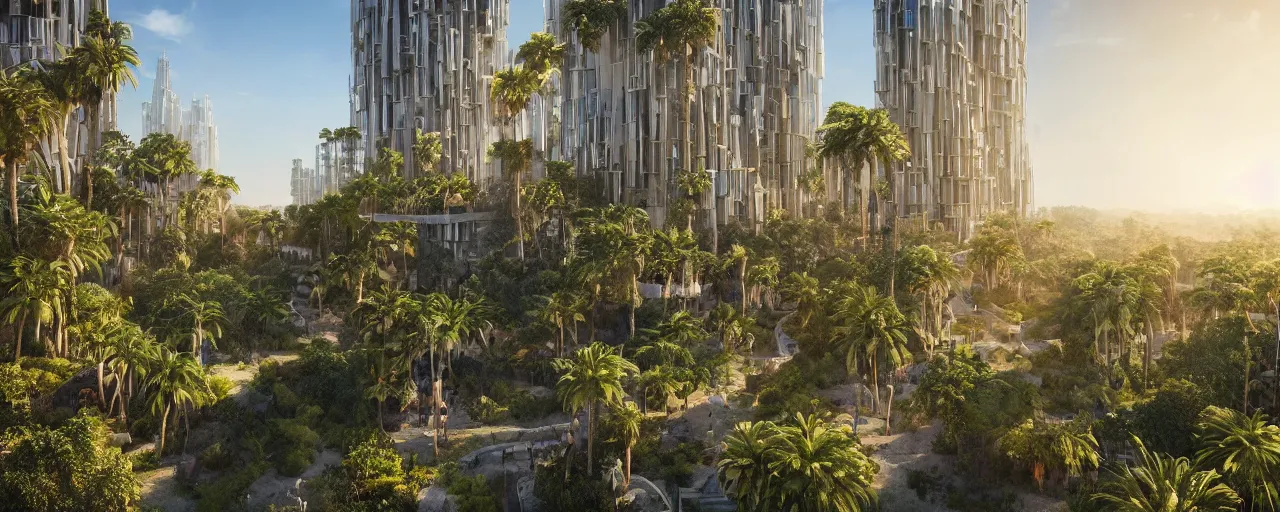 Image similar to contemporary golden babylon tower, sacred ancient architecture, hanging gardens, cascading highrise, arid mountains with lush palm forest, sunlight, post - production, octane, cgi, sfx