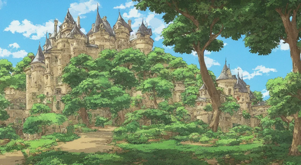 Image similar to a landscape painting of a French castle, with a garden, in the style of anime, by Studio Ghibli