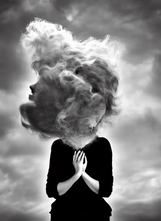 Prompt: a dramatic photo of a woman with hair made of clouds. moody and melanchonic