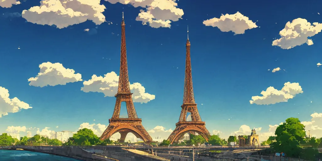 Image similar to a view on eiffel tower from seine with amazing clouds and blue sky, in the style of makoto shinkai anime and studio ghibli anime, colorful, romantic, 4 k resolution, artstation, pixiv, anime background,