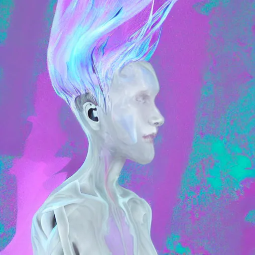 Prompt: pastel glitchy! humanoid with smooth! hair floating within a white liminal space, full body!, detailed hyperrealistic concept art illustration, smeared acrylic