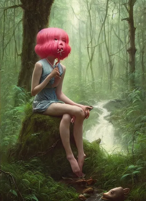 Image similar to bubblegum in the woods by a stream, river gorgeous lighting, lush forest foliage blue sky a hyper realistic painting by chiara bautista and beksinski and norman rockwell and greg rutkowski, tom bagshaw weta studio, and lucasfilm